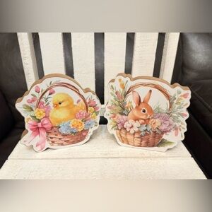 Easter Bunny and Chick Basket Decorative Signs - Pastel